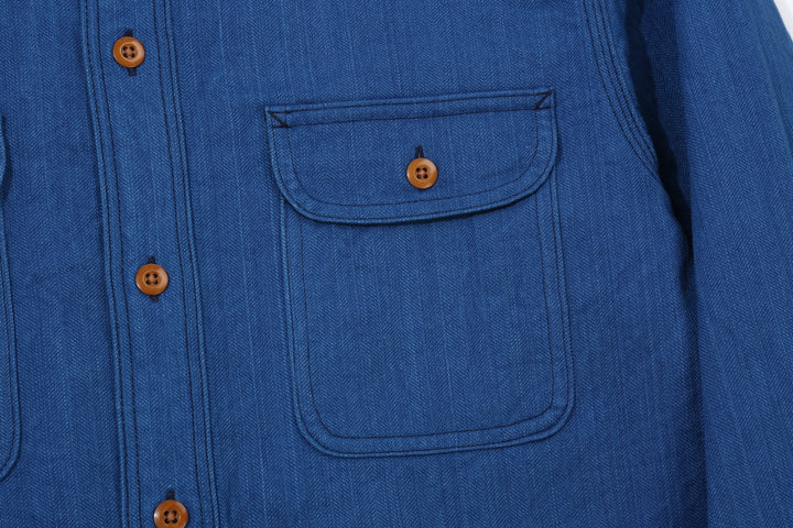 Samurai Jeans SSS25-AHBW Asagi natural indigo herringbone work shirt front view chest pocket left