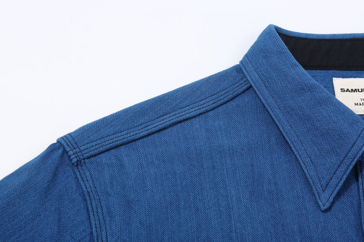 Samurai Jeans SSS25-AHBW Asagi natural indigo herringbone work shirt front view shoulder seam detail