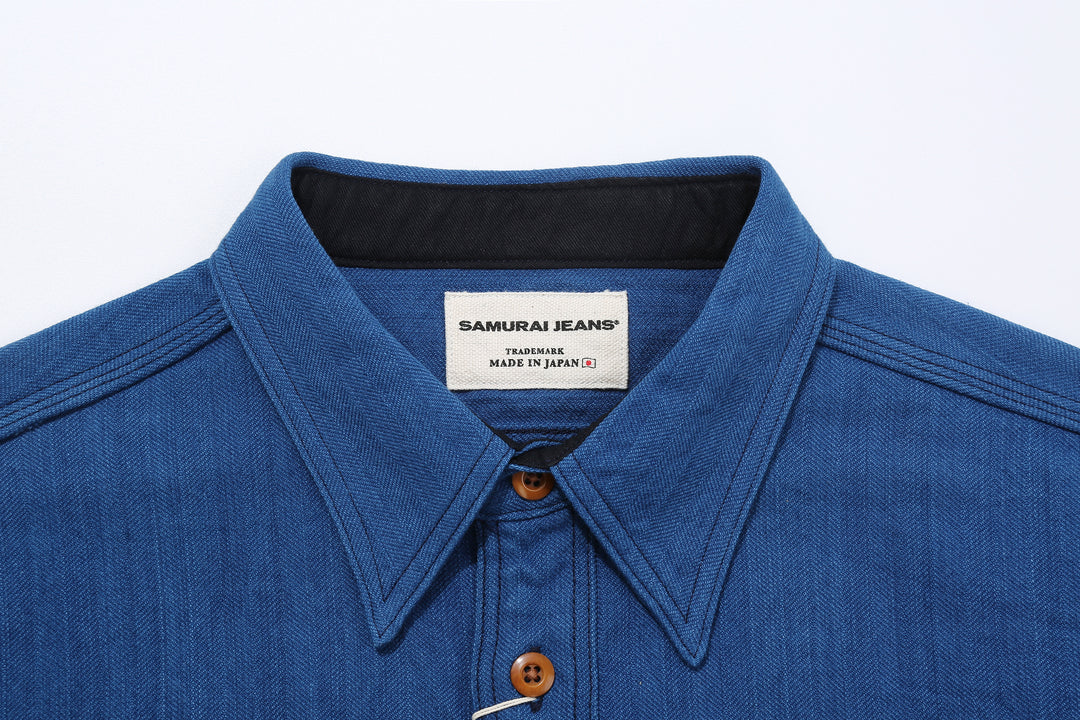 Samurai Jeans SSS25-AHBW Asagi natural indigo herringbone work shirt front view collar detail