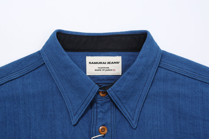 Samurai Jeans SSS25-AHBW Asagi natural indigo herringbone work shirt front view collar detail