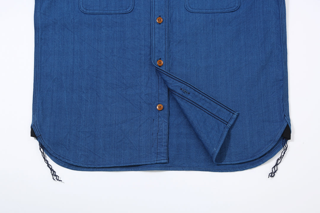 Samurai Jeans SSS25-AHBW Asagi natural indigo herringbone work shirt full view hem