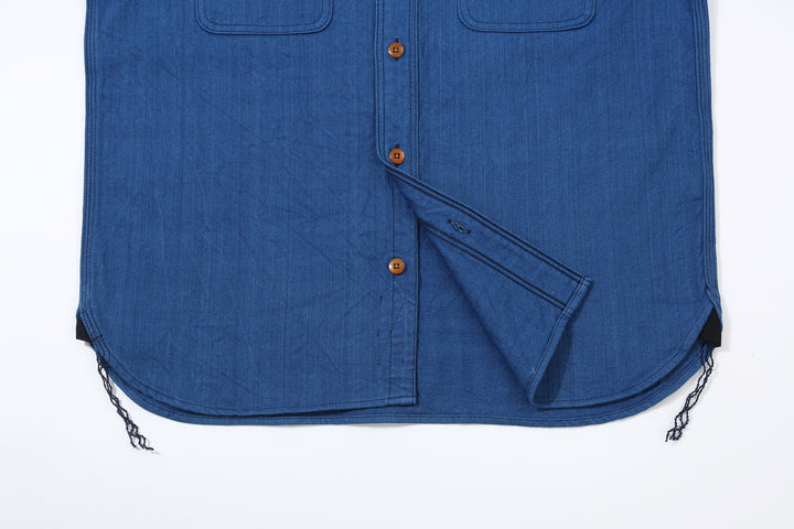 Samurai Jeans SSS25-AHBW Asagi natural indigo herringbone work shirt full view hem