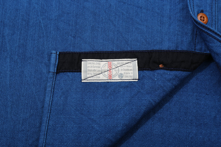 Samurai Jeans SSS25-AHBW Asagi natural indigo herringbone work shirt union ticket detail