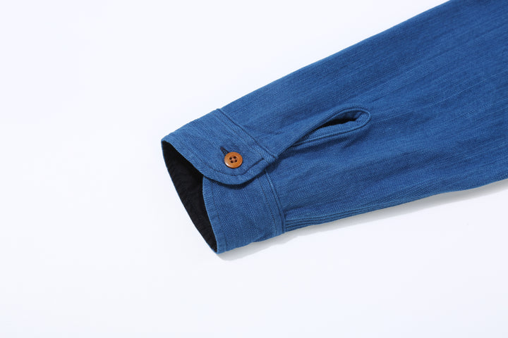 Samurai Jeans SSS25-AHBW Asagi natural indigo herringbone work shirt front view cuff detail