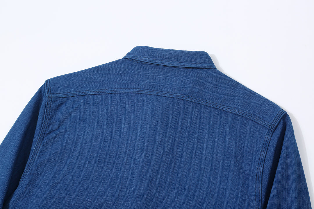 Samurai Jeans SSS25-AHBW Asagi natural indigo herringbone work shirt back view collar