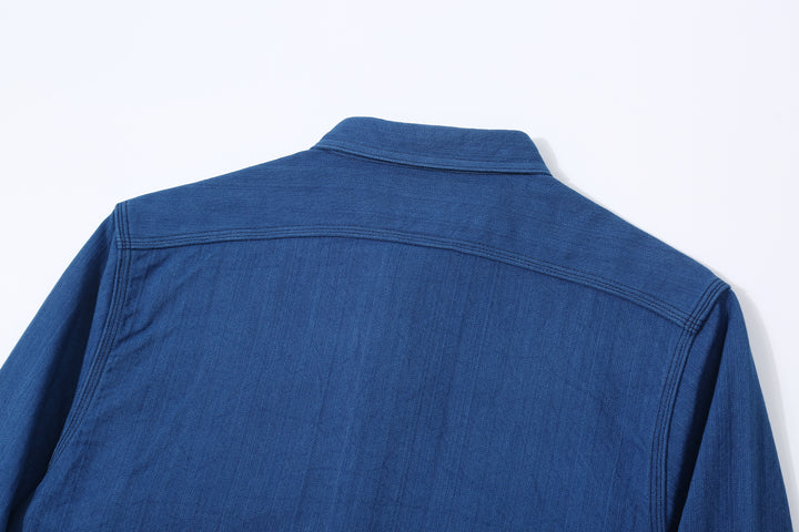 Samurai Jeans SSS25-AHBW Asagi natural indigo herringbone work shirt back view collar