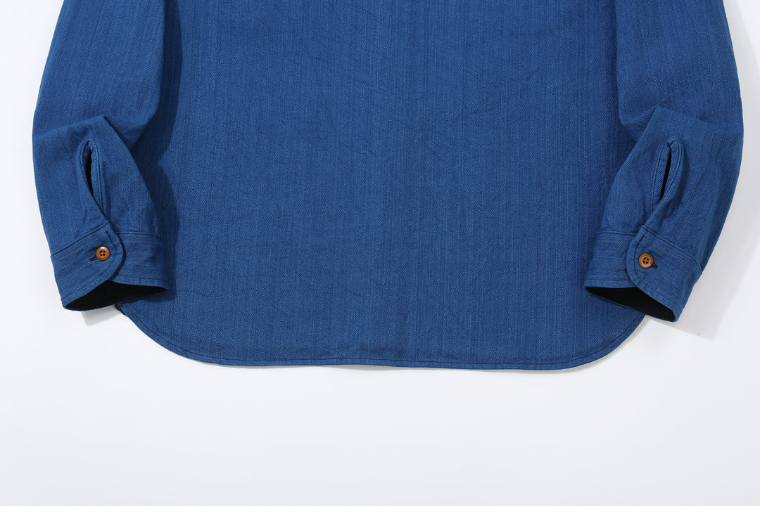 Samurai Jeans SSS25-AHBW Asagi natural indigo herringbone work shirt back view hem