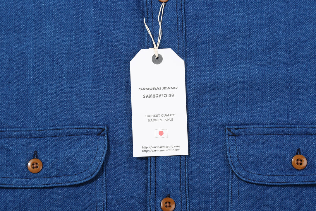 Samurai Jeans SSS25-AHBW Asagi natural indigo herringbone work shirt tag