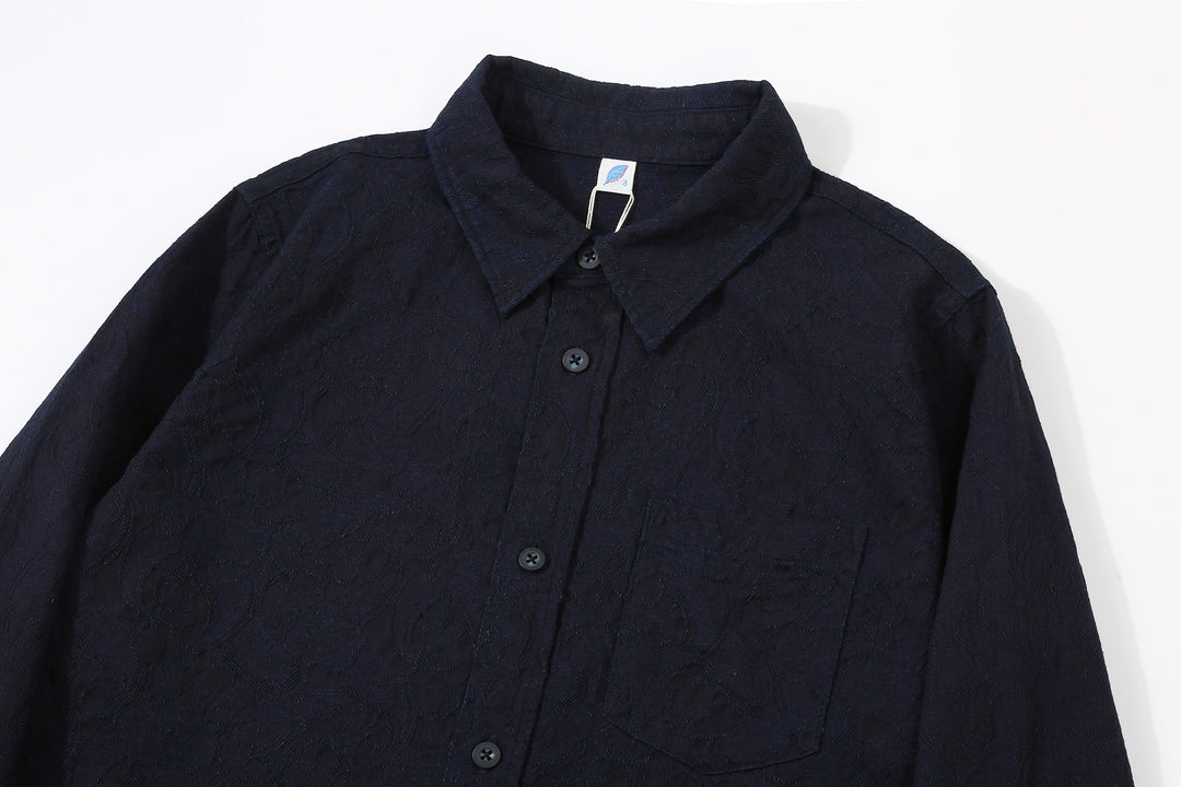 Pure Blue Japan 2226-2 Indigo Paisley Jacquard Shirt – Collar and Upper Front