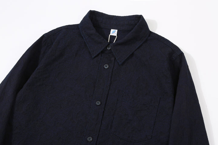 Pure Blue Japan 2226-2 Indigo Paisley Jacquard Shirt – Collar and Upper Front