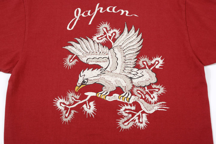 The Flat Head FN-THC-054SP eagle embroidery style print T-shirt light red logo close up