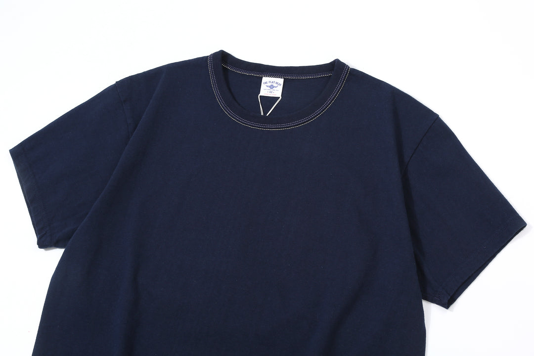The Flat Head FN-THC-054SP eagle embroidery style print T-shirt navy front view detail