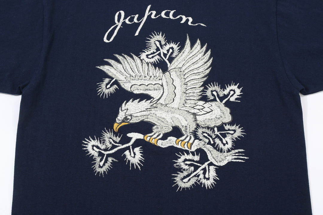 The Flat Head FN-THC-054SP eagle embroidery style print T-shirt navy back logo
