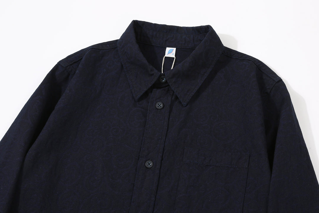 Pure Blue Japan 2226-1 Indigo Arabesque Jacquard Shirt – Collar and Chest Pocket