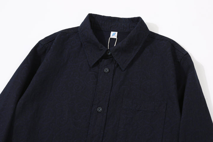 Pure Blue Japan 2226-1 Indigo Arabesque Jacquard Shirt – Collar and Chest Pocket