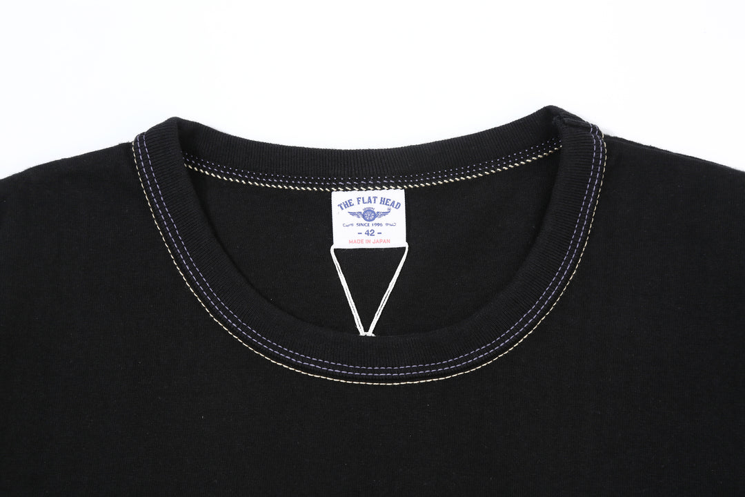 The Flat Head FN-THC-054SP eagle embroidery style print T-shirt black front view collar detail