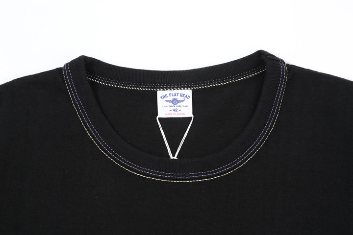 The Flat Head FN-THC-054SP eagle embroidery style print T-shirt black front view collar detail