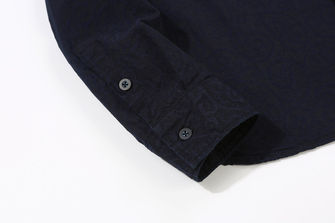 Pure Blue Japan 2226-1 Indigo Arabesque Jacquard Shirt – Angled Cuff and Sleeve Placket Detail