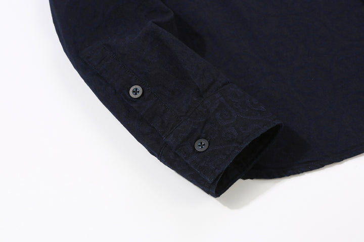 Pure Blue Japan 2226-1 Indigo Arabesque Jacquard Shirt – Angled Cuff and Sleeve Placket Detail