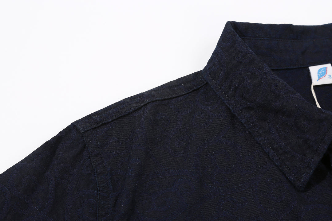 Pure Blue Japan 2226-1 Indigo Arabesque Jacquard Shirt – Shoulder Seam and Woven Pattern