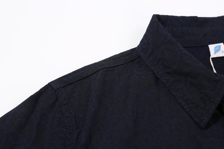 Pure Blue Japan 2226-1 Indigo Arabesque Jacquard Shirt – Shoulder Seam and Woven Pattern