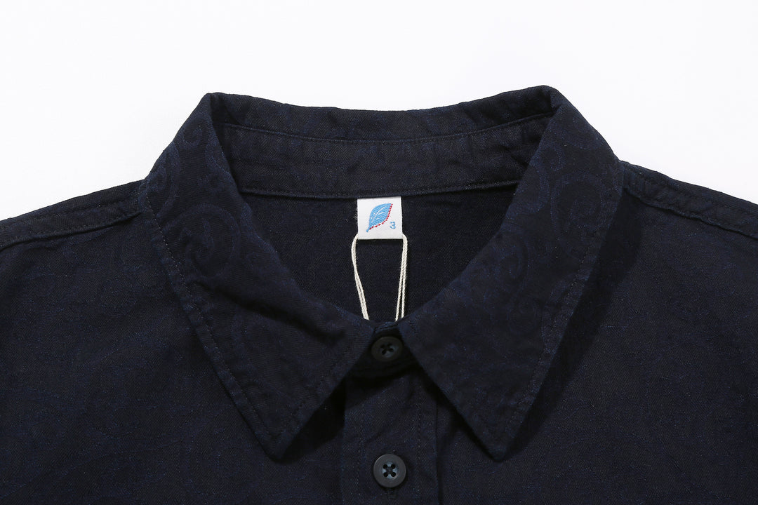 Pure Blue Japan 2226-1 Indigo Arabesque Jacquard Shirt – Collar and Brand Label