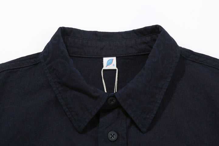 Pure Blue Japan 2226-1 Indigo Arabesque Jacquard Shirt – Collar and Brand Label