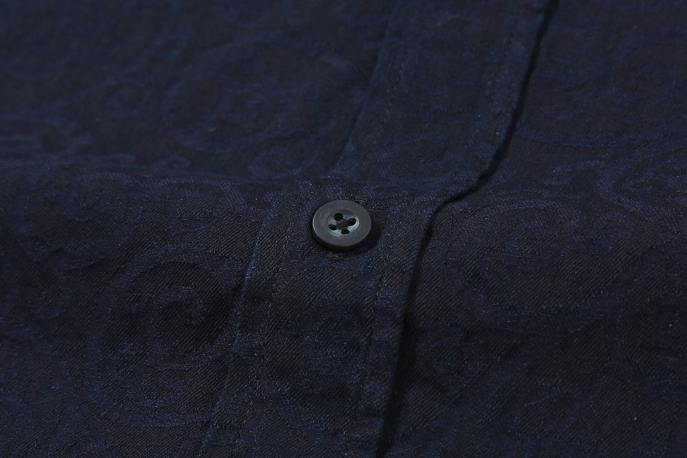 Pure Blue Japan 2226-1 Indigo Arabesque Jacquard Shirt – Shell Button and Fabric Texture