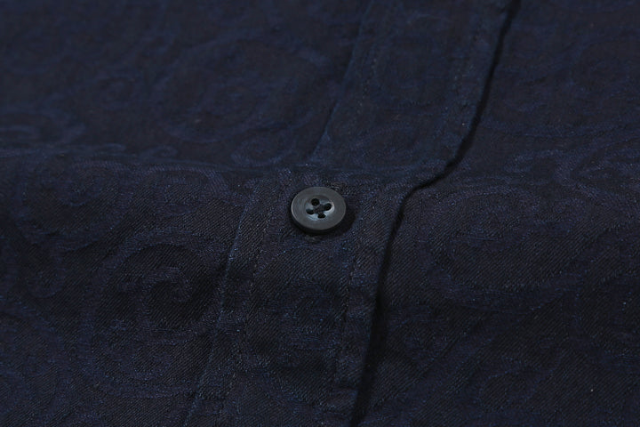 Pure Blue Japan 2226-1 Indigo Arabesque Jacquard Shirt – Shell Button and Fabric Texture