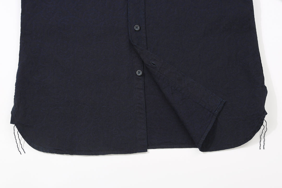 Pure Blue Japan 2226-1 Indigo Arabesque Jacquard Shirt – Curved Hem and Lower Front Placket