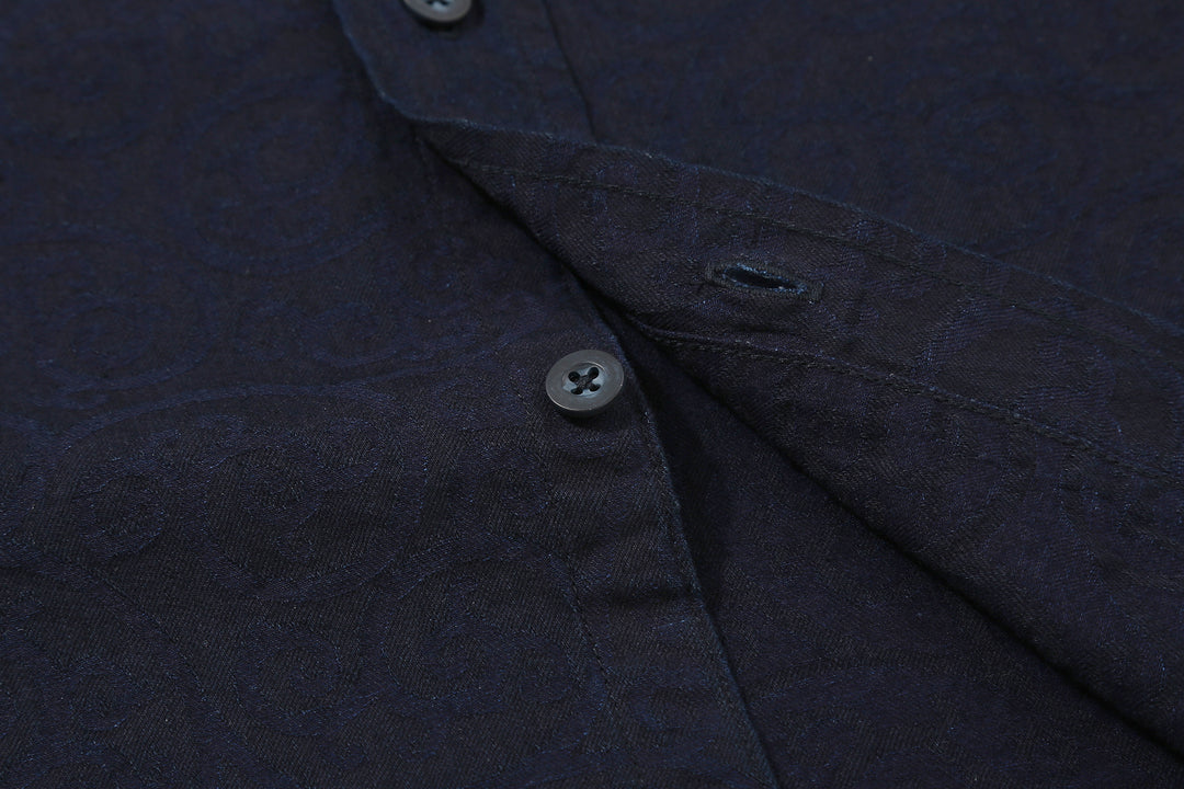 Pure Blue Japan 2226-1 Indigo Arabesque Jacquard Shirt – Front Placket Button and Buttonhole