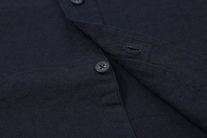 Pure Blue Japan 2226-1 Indigo Arabesque Jacquard Shirt – Front Placket Button and Buttonhole