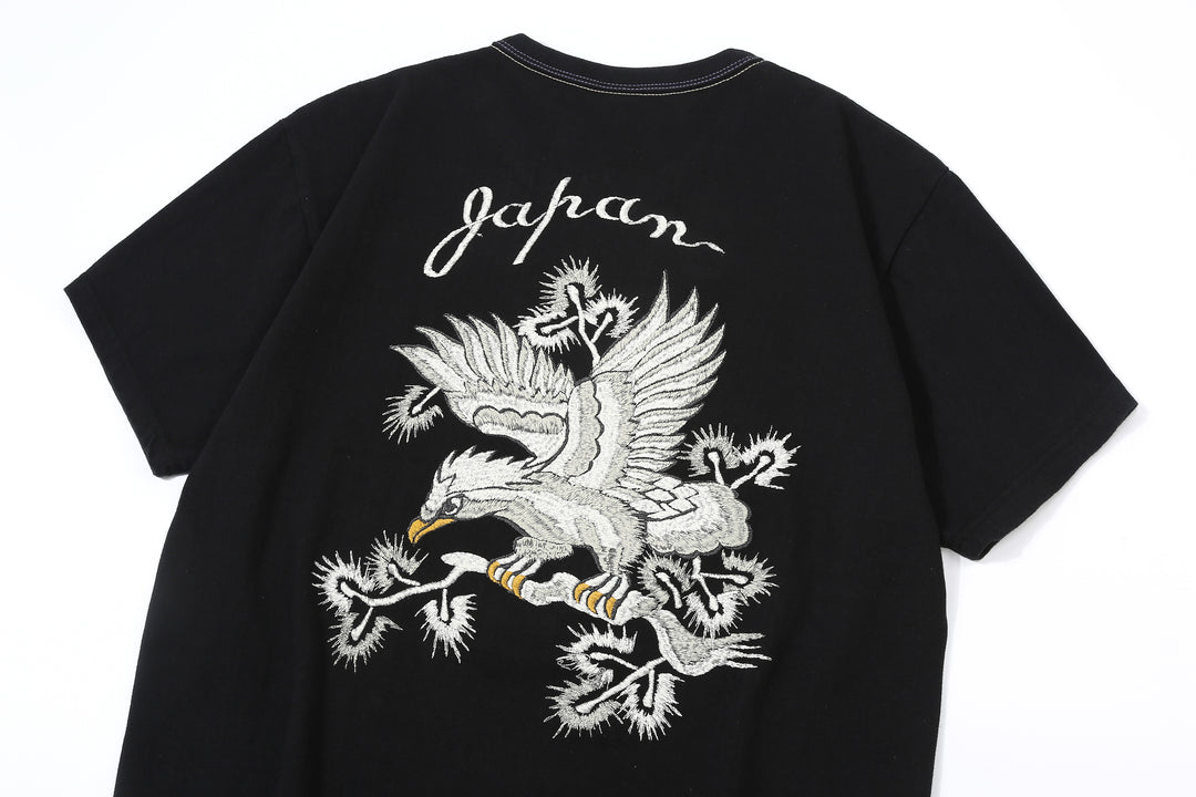 The Flat Head FN-THC-054SP eagle embroidery style print T-shirt black logo close up