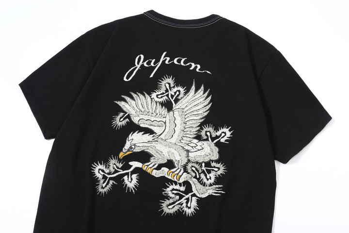 The Flat Head FN-THC-054SP eagle embroidery style print T-shirt black logo close up