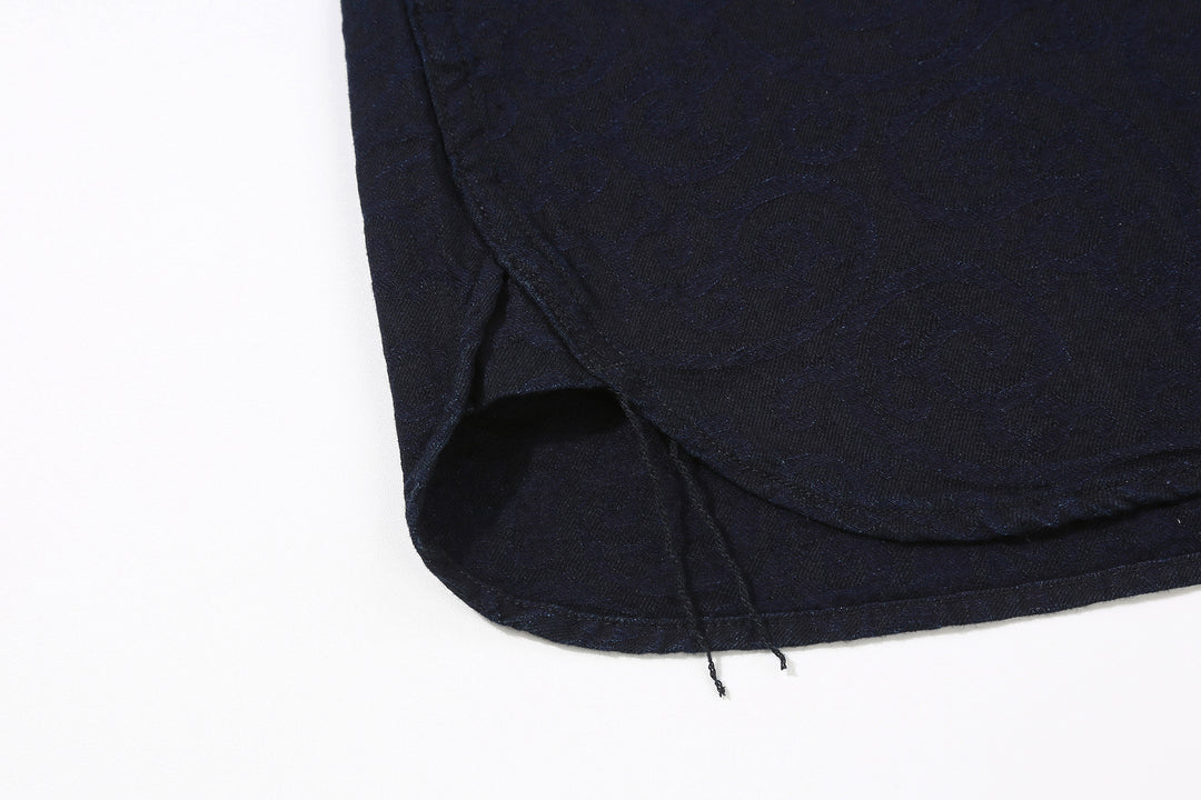 Pure Blue Japan 2226-1 Indigo Arabesque Jacquard Shirt – Side Gusset and Chain Stitch Run-Off