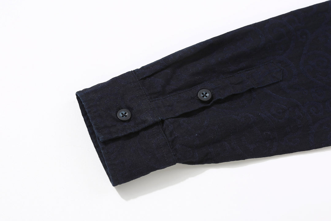 Pure Blue Japan 2226-1 Indigo Arabesque Jacquard Shirt – Buttoned Cuff and Sleeve Placket