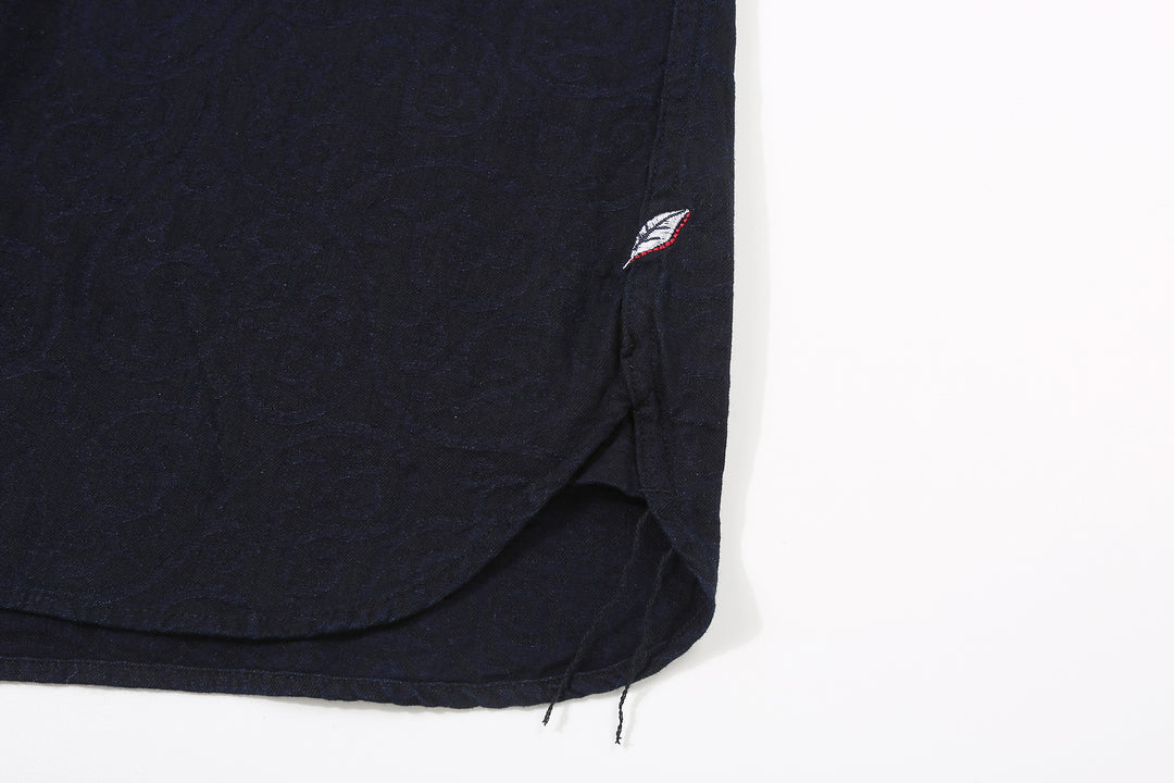 Pure Blue Japan 2226-1 Indigo Arabesque Jacquard Shirt – Shoai Leaf Embroidery and Side Hem