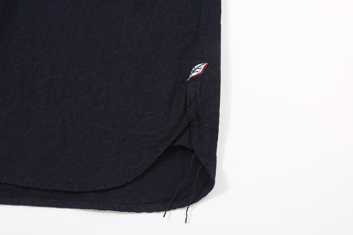 Pure Blue Japan 2226-1 Indigo Arabesque Jacquard Shirt – Shoai Leaf Embroidery and Side Hem