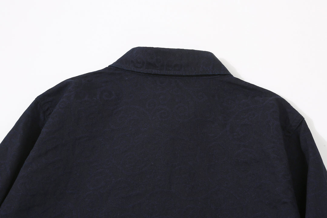 Pure Blue Japan 2226-1 Indigo Arabesque Jacquard Shirt – Back Collar and Upper Back Pattern