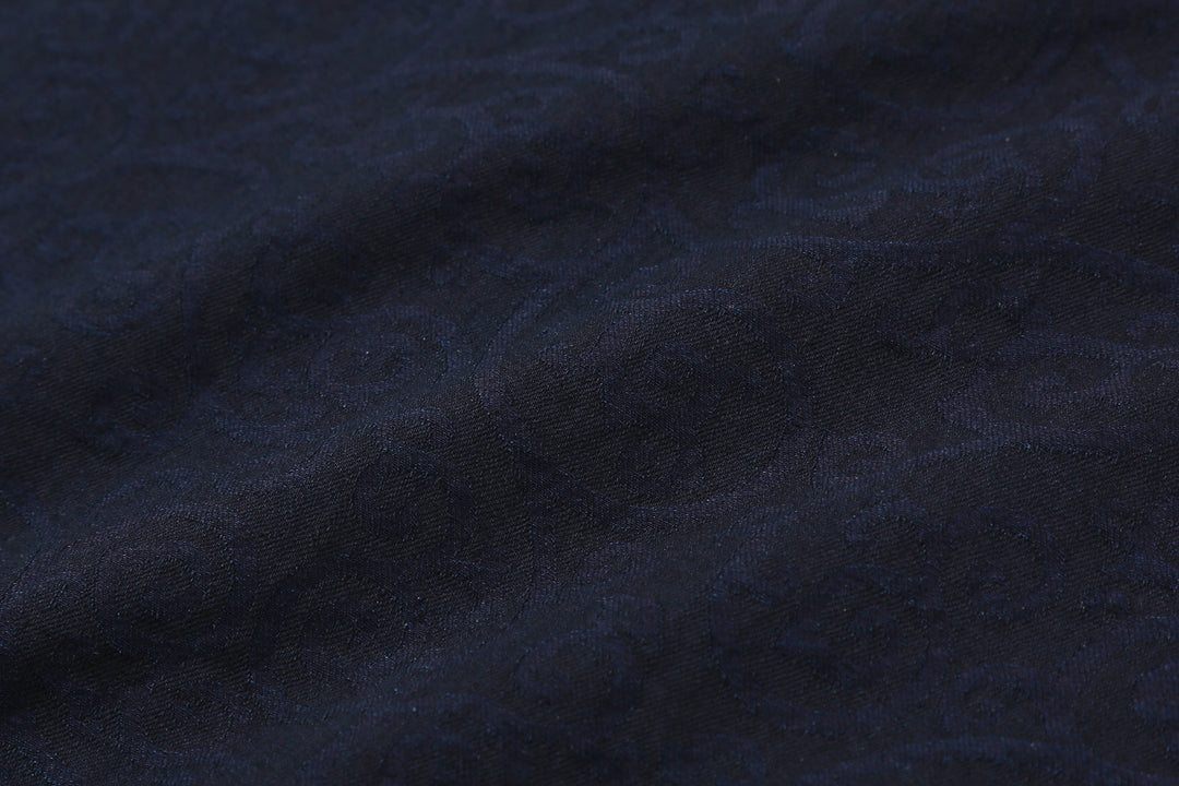 Pure Blue Japan 2226-1 Indigo Arabesque Jacquard Shirt – Woven Arabesque Fabric Close-Up