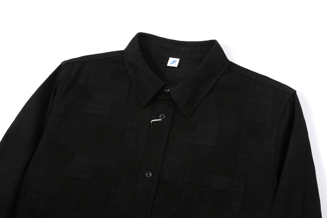 Pure Blue Japan 2239-BK Jacquard Patchwork Boro Shirt - Black x Black Made in Japan Collar