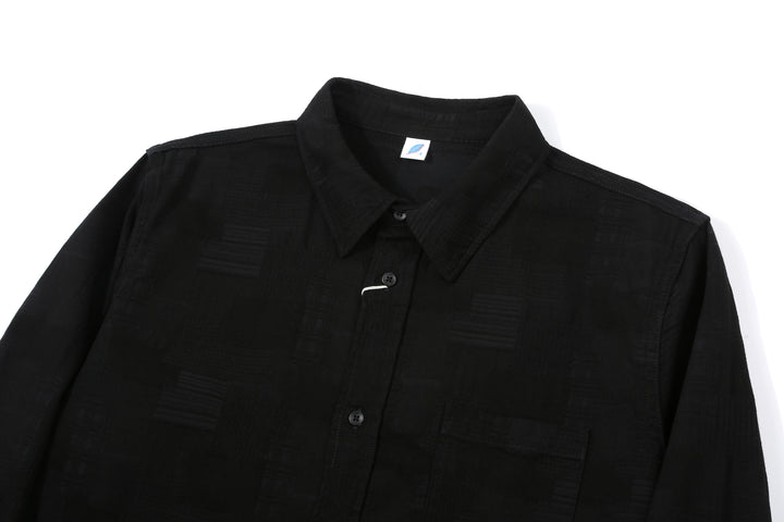 Pure Blue Japan 2239-BK Jacquard Patchwork Boro Shirt - Black x Black Made in Japan Collar