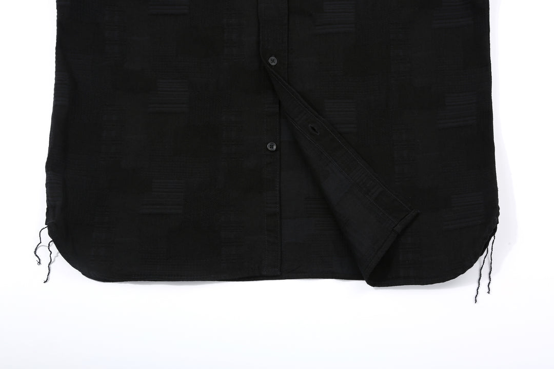 Pure Blue Japan 2239-BK Jacquard Patchwork Boro Shirt - Black x Black Made in Japan Hem Detail