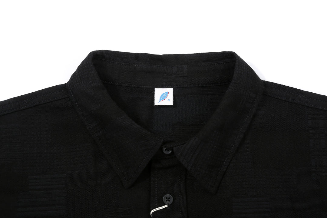Pure Blue Japan 2239-BK Jacquard Patchwork Boro Shirt - Black x Black Made in Japan Collar Close Up