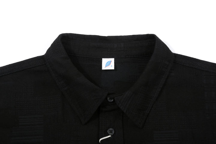 Pure Blue Japan 2239-BK Jacquard Patchwork Boro Shirt - Black x Black Made in Japan Collar Close Up