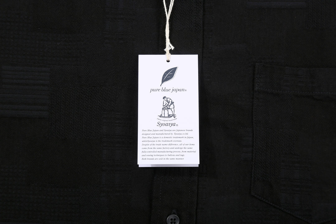 Pure Blue Japan 2239-BK Jacquard Patchwork Boro Shirt - Black x Black Made in Japan Paper Tag