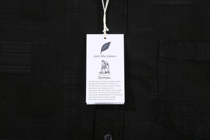 Pure Blue Japan 2239-BK Jacquard Patchwork Boro Shirt - Black x Black Made in Japan Paper Tag