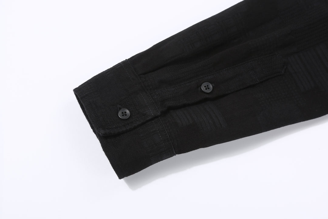 Pure Blue Japan 2239-BK Jacquard Patchwork Boro Shirt - Black x Black Made in Japan Cuff Planket