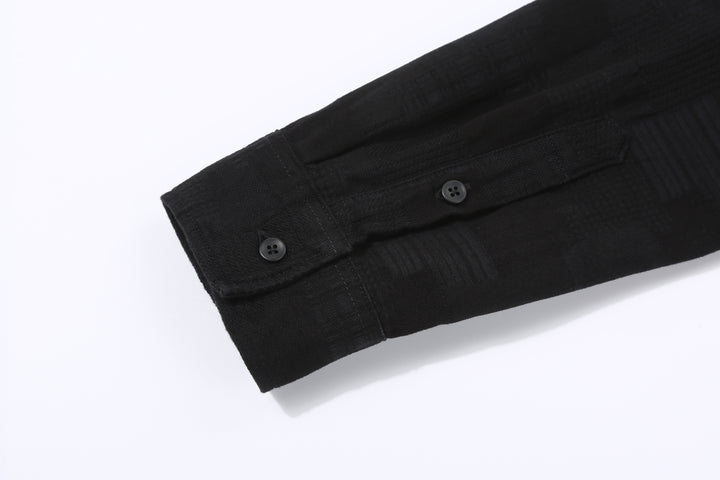 Pure Blue Japan 2239-BK Jacquard Patchwork Boro Shirt - Black x Black Made in Japan Cuff Planket