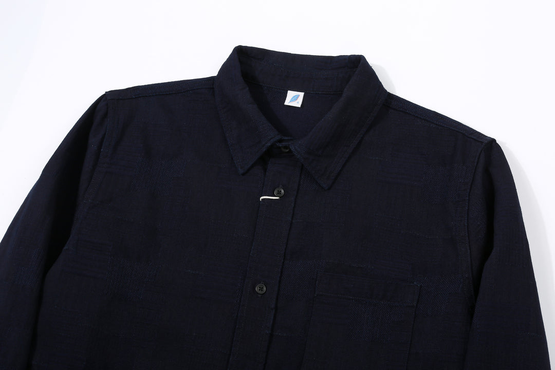 Pure Blue Japan 2239-ID Jacquard Patchwork Boro Shirt Indigo x Indigo Made in Japan Collar